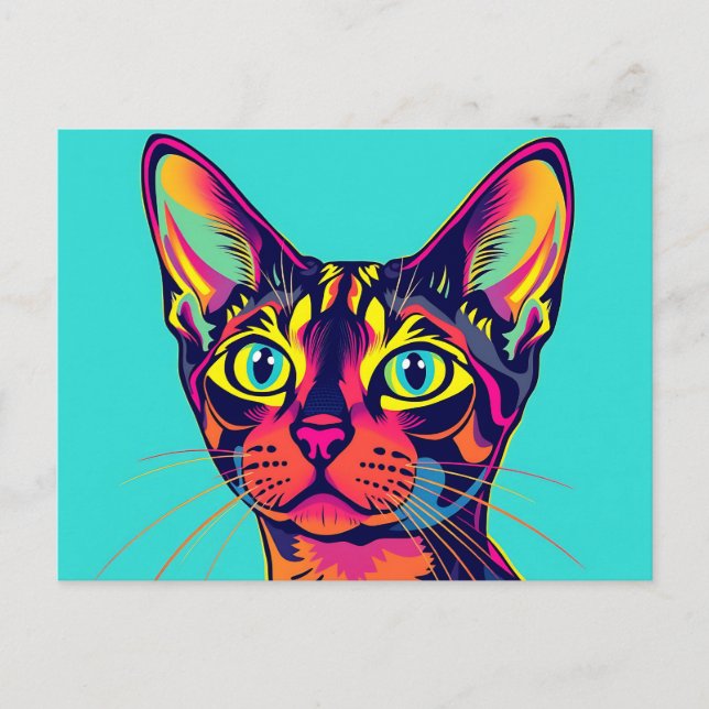 Bold Neon Pop Art Portrait of a Playful Devon Rex  Postcard (Front)