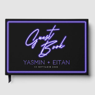 Bold Neon Purple Lights Black Modern Wedding  Guest Book
