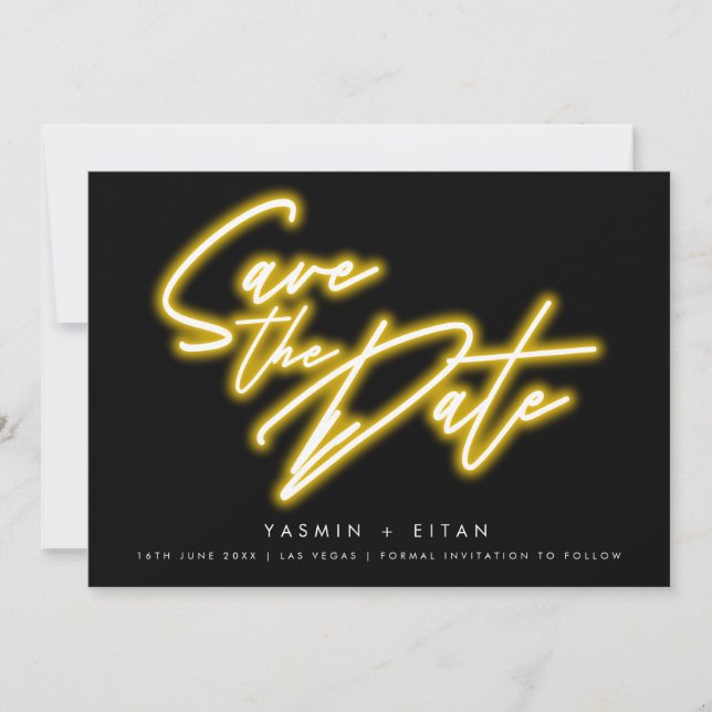 Bold Neon Yellow Script Black Modern Wedding  Save The Date (Front)