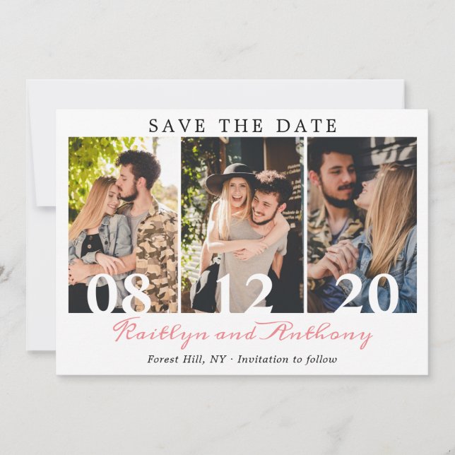 Bold Numbers Modern Script 3 Photo Save The Date (Front)
