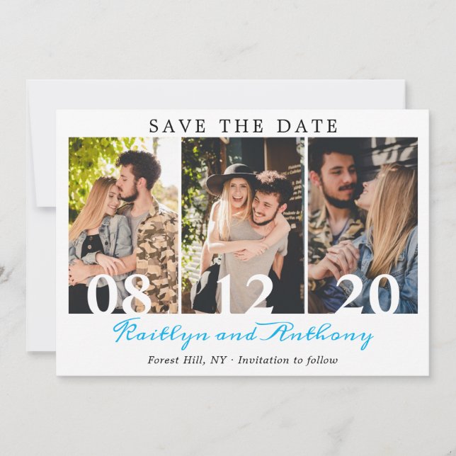 Bold Numbers Modern Script 3 Photo Save The Date (Front)