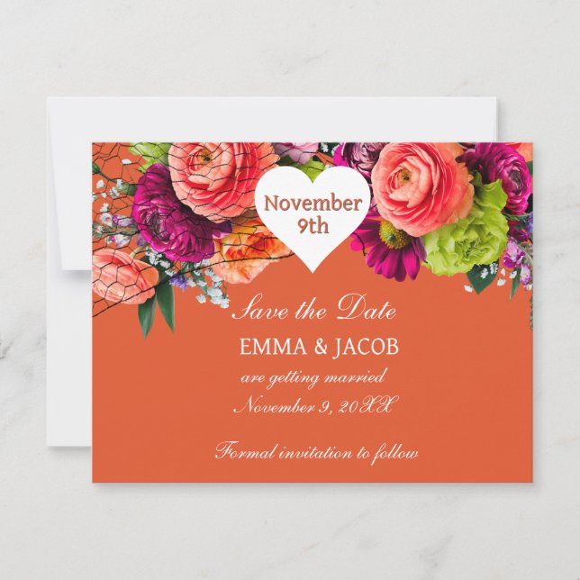 Bold Orange and Pink Roses Save The Date (Front)