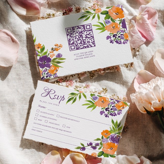 Bold Orange and Purple Floral QR Code Wedding RSVP Card (Bold Orange and Purple Floral QR Code Wedding RSVP Card)