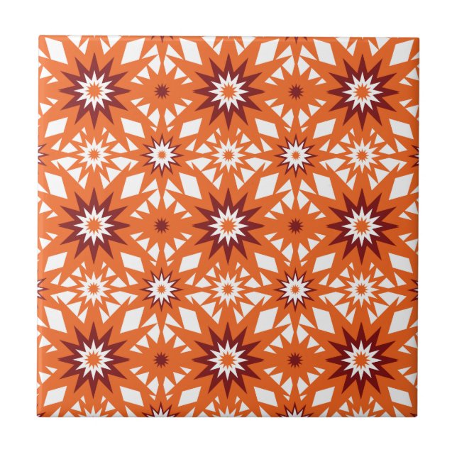 Bold Orange and Red Stars Starburst Pattern Tile (Front)