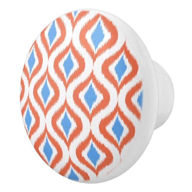 Bold Orange Azure Blue White Ikat Ogee Art Pattern Ceramic Knob (Right)