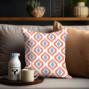 Bold Orange Azure Blue White Ikat Ogee Art Pattern Cushion