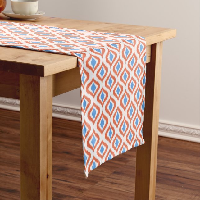 Bold Orange Azure Blue White Ikat Ogee Art Pattern Medium Table Runner (In Situ)