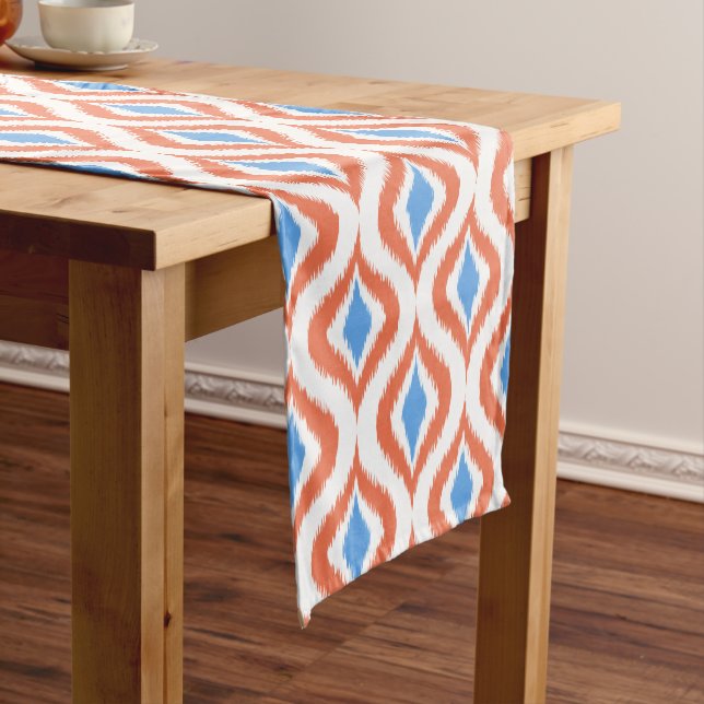 Bold Orange Azure Blue White Ikat Ogee Art Pattern Short Table Runner (In Situ)