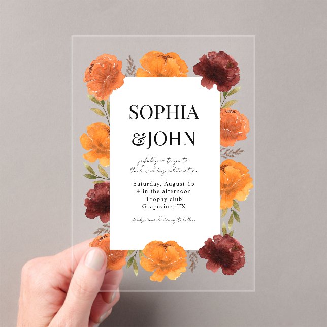 Bold Orange Blooming Flowers Transparent Wedding Acrylic Invitations (Insitu (Handheld))
