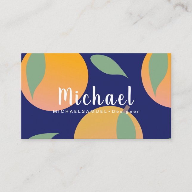 Bold Orange Blue Fruit Pattern Business Card (Front)