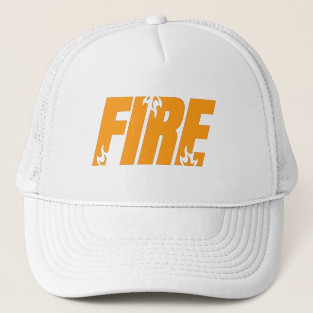 Bold Orange FIRE Flame Typography White Trucker Ha Hat (Front)