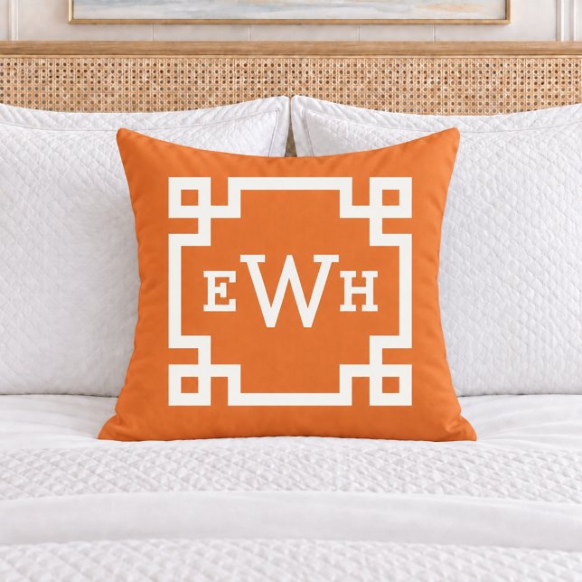 Bold Orange Greek Key Monogram Initial Cushion (Creator Uploaded)