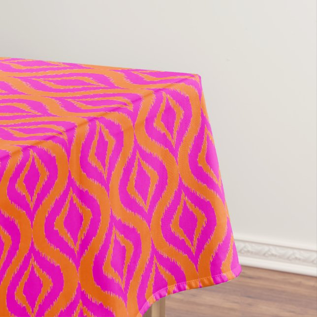 Bold Orange Hot Pink Summer Ikat Ogee Art Pattern Tablecloth (In Situ)
