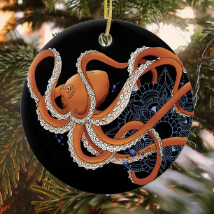 Bold Orange Mesmerising Octopus Mandala Ceramic Tree Decoration