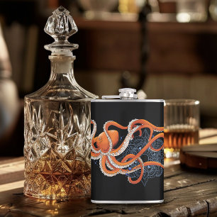 Bold Orange Mesmerising Octopus Mandala Hip Flask