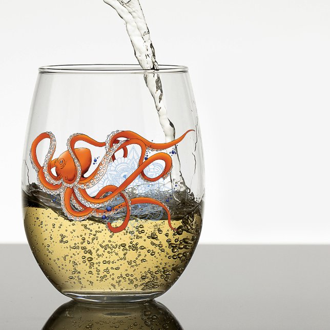 Bold Orange Mesmerising Octopus Mandala  Stemless Wine Glass (Creator Uploaded)