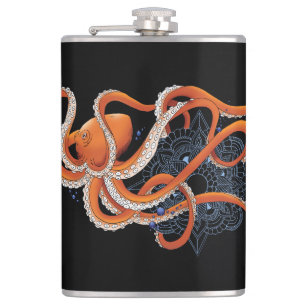 Bold Orange Mesmerizing Octopus Mandala Hip Flask