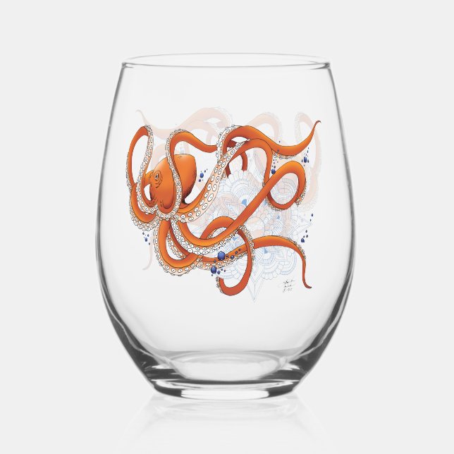 Bold Orange Mesmerizing Octopus Mandala  Stemless Wine Glass (Front)