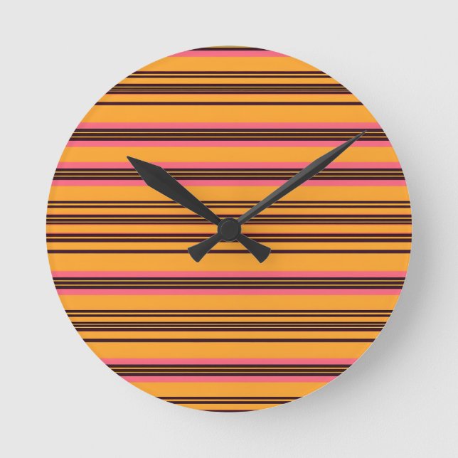 Bold Orange Pink Horizontal Stripe Pattern Round Clock (Front)