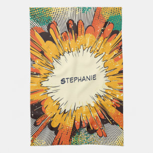 Bold Orange Pop Art Blast Black Speed Lines Tea Towel