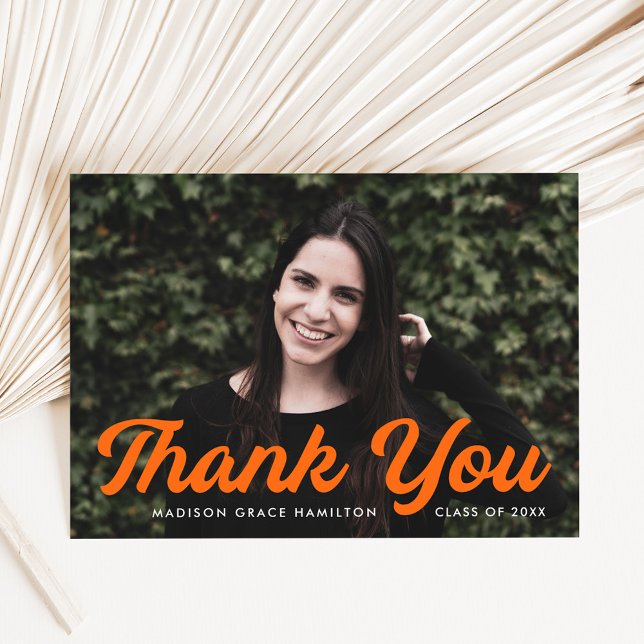 Bold Orange Script Photo Graduation Thank You Card (Creator Uploaded)