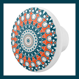 Bold Orange & Teal Mandala Geometric Totem Pattern Ceramic Knob