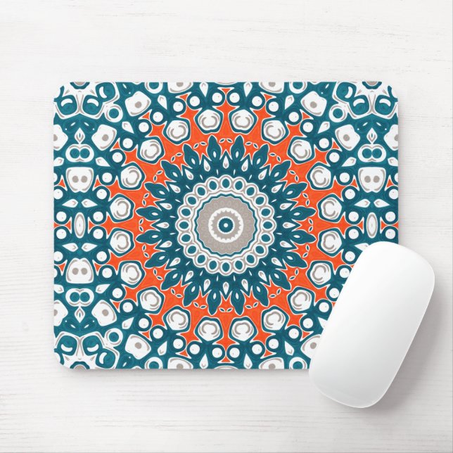 Bold Orange & Teal Mandala Geometric Totem Pattern Mouse Mat (With Mouse)