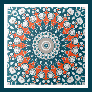 Bold Orange & Teal Mandala Geometric Totem Pattern Tile