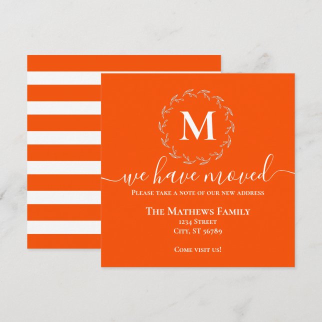 Bold Orange White Wreath Monogram We Have Moved Announcement (Front/Back)