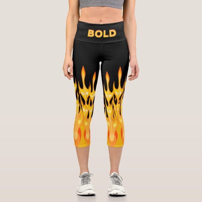 Bold orange yellow fire flames on black capri leggings (Front)