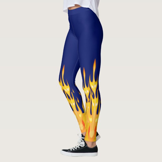 Bold orange yellow fire flames on blue leggings (Left)