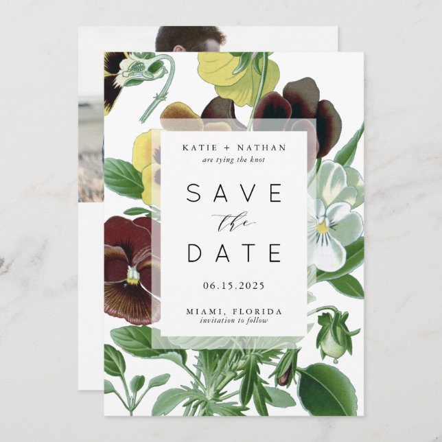 Bold Pansies Photo Save the Date card (Front/Back)