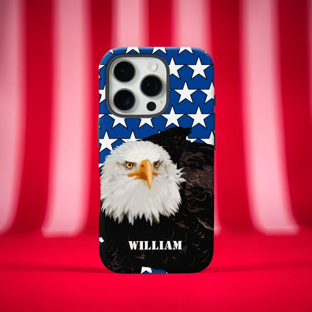 Bold Patriotic Bald Eagle USA Pride Modern America Case-Mate iPhone Case (American bald eagle iphone case bold patriotic american flag white stars on blue with name)