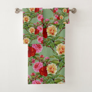 Bold Pattern Red Yellow Pink Roses and Foliage Bath Towel Set