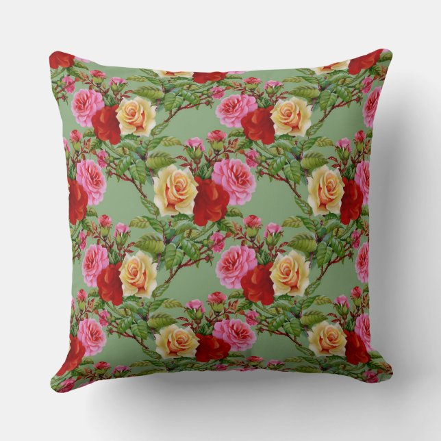 Bold Pattern Red Yellow Pink Roses and Foliage Cushion (Back)