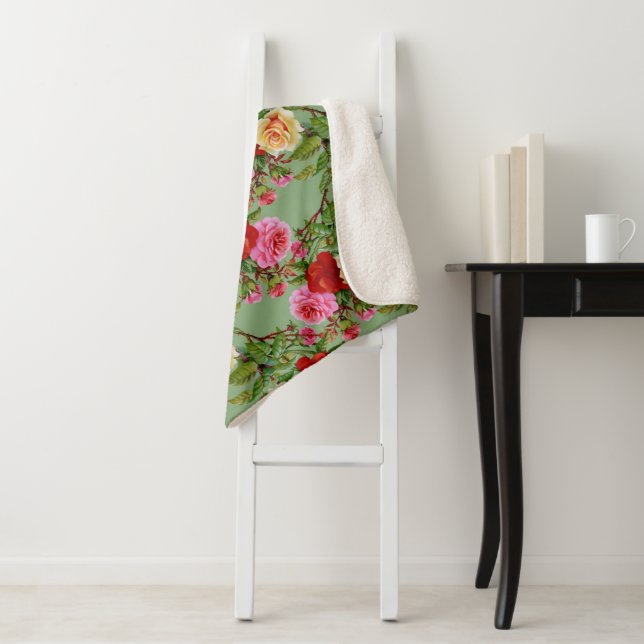 Bold Pattern Red Yellow Pink Roses and Foliage Sherpa Blanket (In Situ)