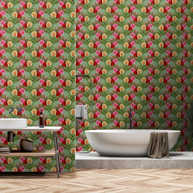 Bold Pattern Red Yellow Pink Roses Foliage Wallpaper (Bathroom)