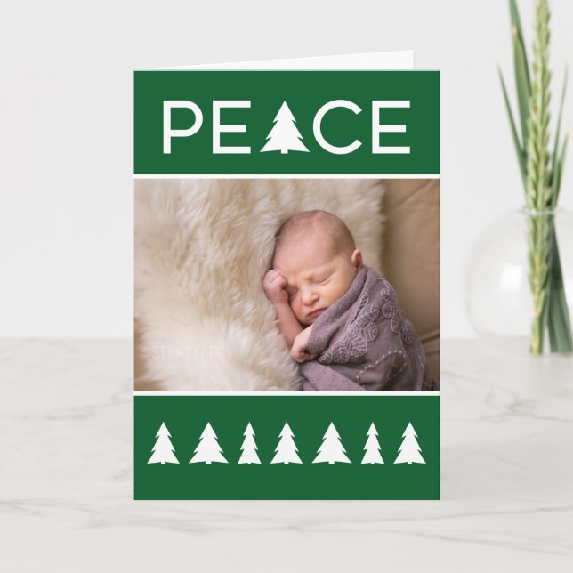 Bold Peace Typography Green White Trees Your Photo Holiday Card (Front)