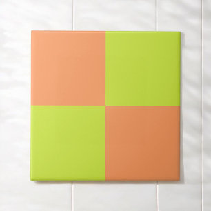 Bold Peach Neon Green Chequerboard Modern Tile