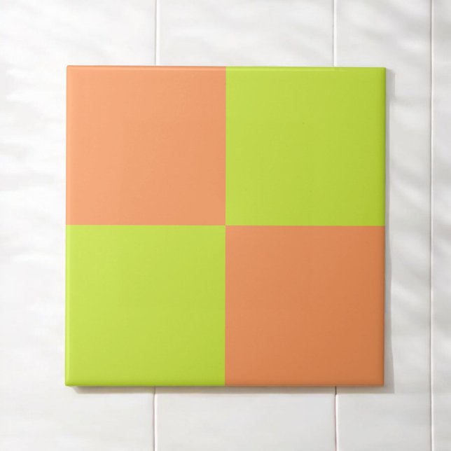Bold Peach Neon Green Chequerboard Modern Tile (Creator Uploaded)