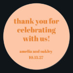 Bold Peach Orange Retro Custom Wedding Thank You  Classic Round Sticker<br><div class="desc">Add a special touch to your wedding favours with these elegant thank-you stickers. In Peach Orange,  these customisable stickers are perfect for sealing favour bags,  gift boxes,  or envelopes. Personalise with names and the wedding date for a thoughtful finishing detail your guests will appreciate!</div>