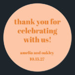 Bold Peach Orange Retro Custom Wedding Thank You  Classic Round Sticker<br><div class="desc">Add a special touch to your wedding favours with these elegant thank-you stickers. In Peach Orange,  these customisable stickers are perfect for sealing favour bags,  gift boxes,  or envelopes. Personalise with names and the wedding date for a thoughtful finishing detail your guests will appreciate!</div>