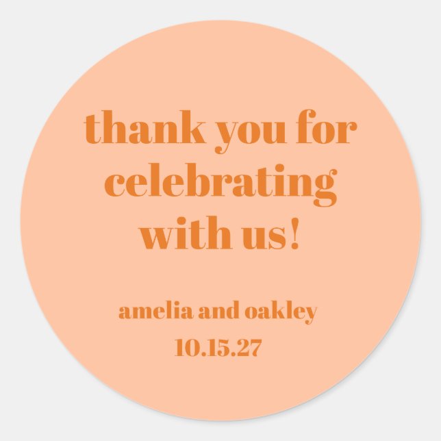 Bold Peach Orange Retro Custom Wedding Thank You  Classic Round Sticker (Front)