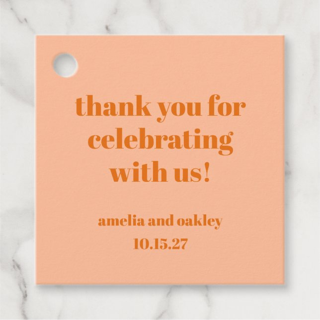 Bold Peach Orange Retro Custom Wedding Thank You  Favour Tags (Front)