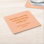 Bold Peach Orange Retro Custom Wedding Thank You  Square Paper Coaster<br><div class="desc">Add a thoughtful touch to your wedding reception or special event with these personalised thank-you coasters! Featuring a modern and minimalist design in soft Peach Orange with elegant white typography, these coasters are a stylish way to show appreciation to your guests. Customisable with the couple’s names and wedding date, they...</div>