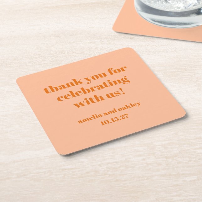 Bold Peach Orange Retro Custom Wedding Thank You  Square Paper Coaster (Angled)