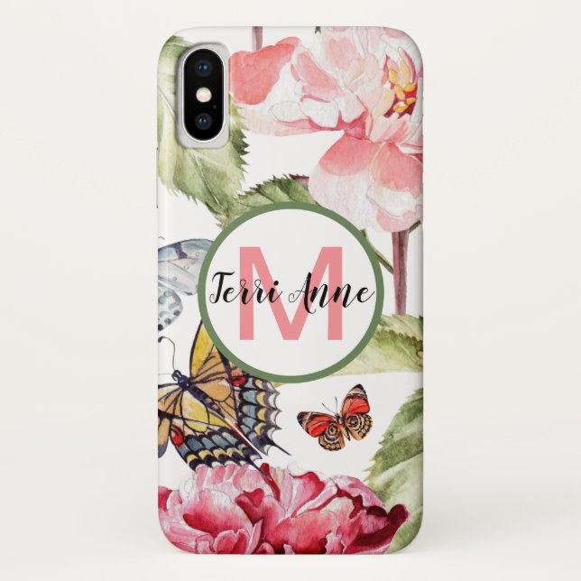 Bold Peony Flowers and Butterflies with Monogram Case-Mate iPhone Case (Back)