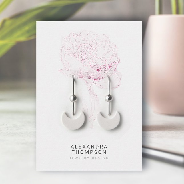 Bold Peony Modern Floral Sketch Jewellery Display Business Card (floral earrings jewelry display card bold pink peony art sketch modern minimalist elegant template)