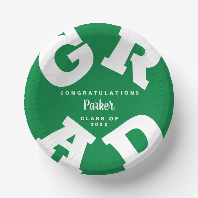 Bold Personalised White on Green Graduation Paper Plate (Front)