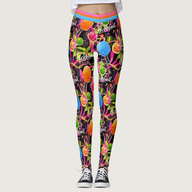 Bold Pickleball Paddles & Florals Leggings (Front)